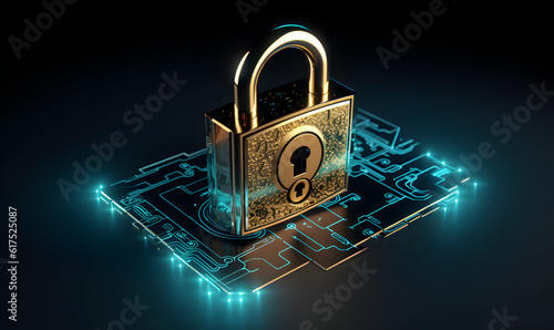 Guardian of the Digital Realm: Enchanting Cyber Security Lock with Intricate Key Technology and Futuristic Aesthetics