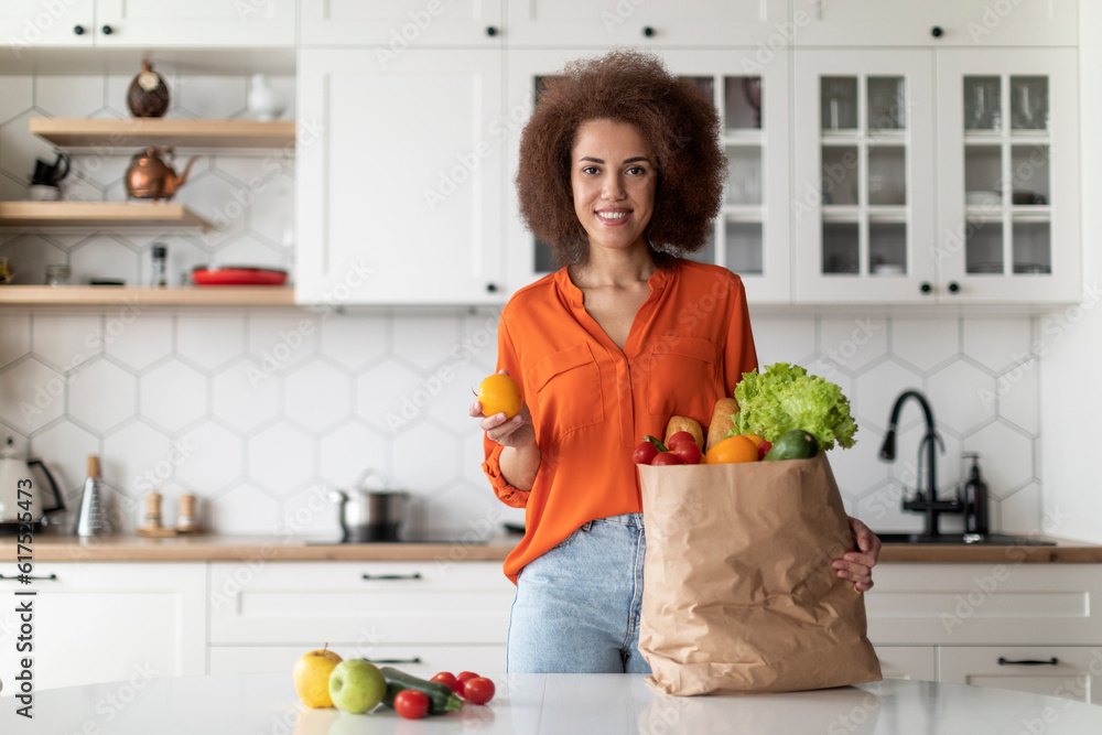 Organic Food Delivery. Black Woman Posing With Grocery Bag In Kitchen Interior Organic Food Delivery. Black Woman Posing With Grocery Bag In Kitchen Interior