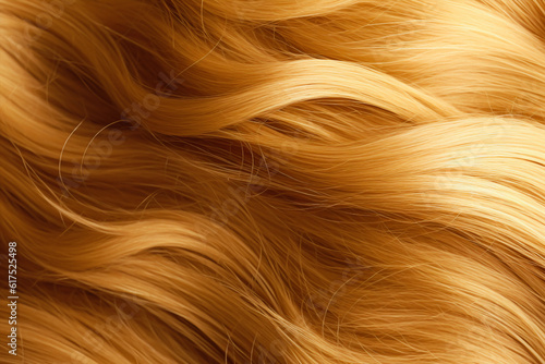 Generative ai. Texture of curly head ginger tint close-up. Blurry, defocus. Blonde, wavy, long hair against background after hairdressing. Coloring, extensions, hairstyle with curls shiny color