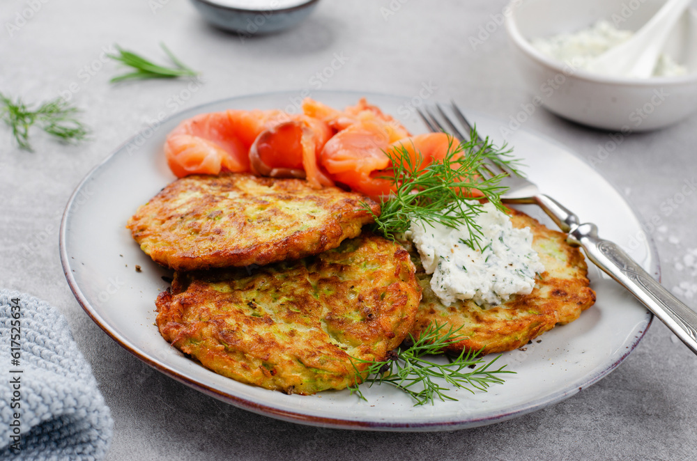 Zucchini Fritters with Salmon, Herbs and Cream Cheese Topping, Tasty Savory Pancakes Zucchini Fritters with Salmon, Herbs and Cream Cheese Topping, Tasty Savory Pancakes