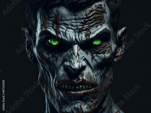 Close up portrait of evil zombie male isolated on black background, splatter horror, generative ai, isolated , empty