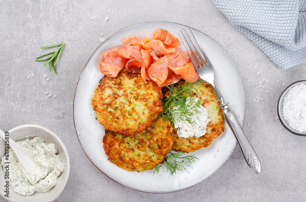 Zucchini Fritters with Salmon, Herbs and Cream Cheese Topping, Tasty Savory Pancakes Zucchini Fritters with Salmon, Herbs and Cream Cheese Topping, Tasty Savory Pancakes