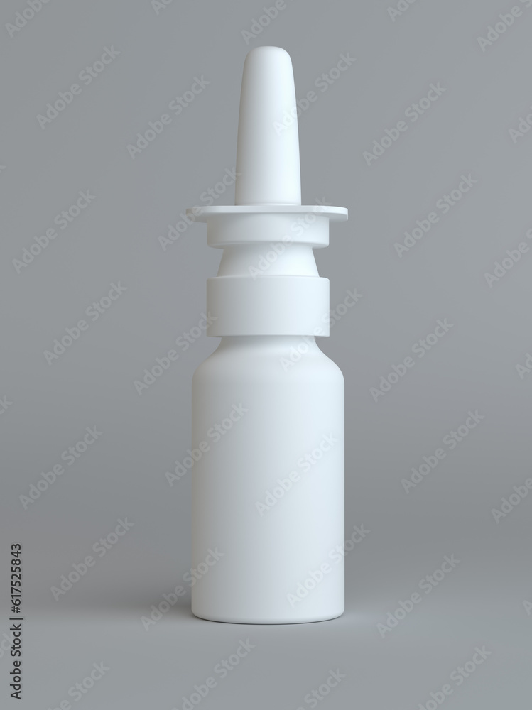 Spray Medical Nasal Drugs Plastic Bottle. Gray background. 3D illustration