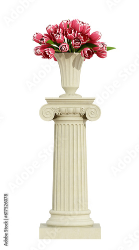 Ionic pedestal with roses isolated om white background