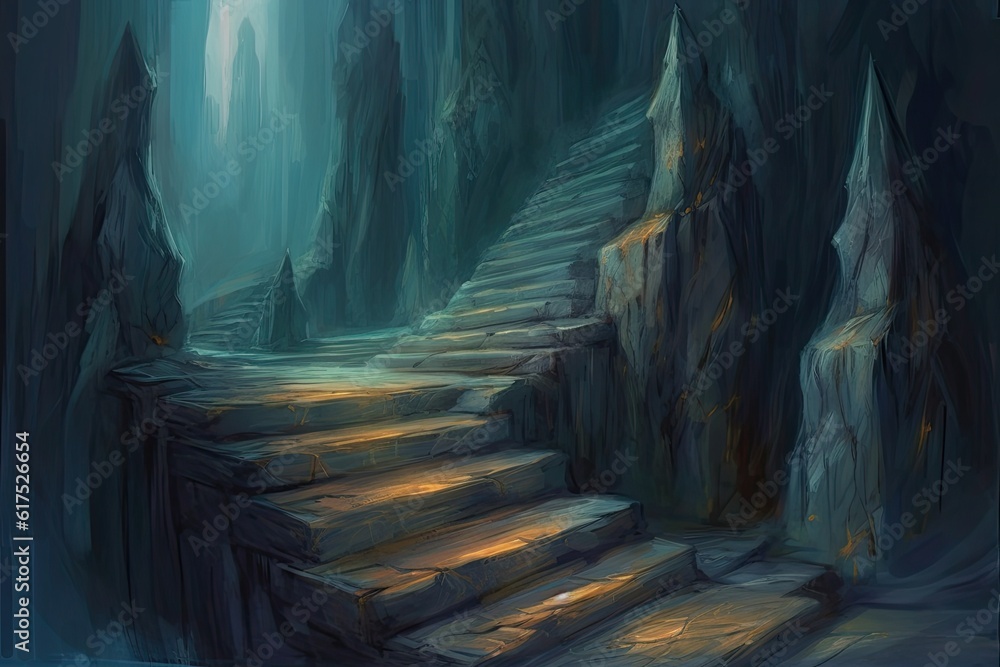 mysterious staircase leading down into a dimly lit cave