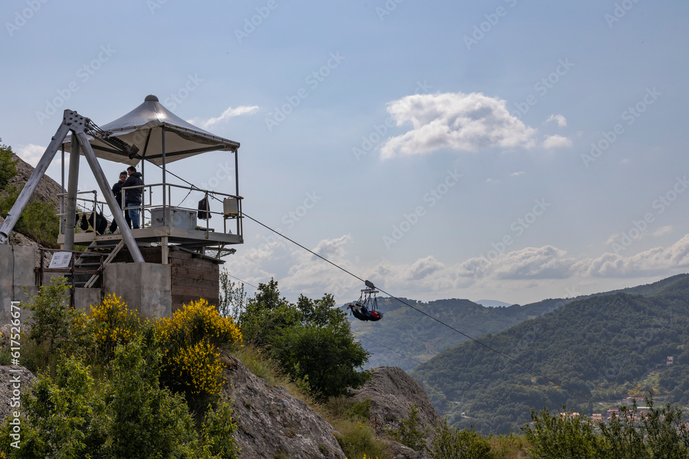 Flight of the angel, Pietrapertosa, Italy. Village nestled in the Lucanian Dolomites in Italy. Surrounded by rocks near Castelmezzano. The zipline flies between these peaks over a stunning panorama.