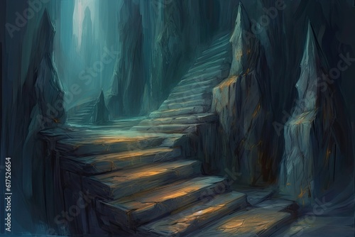 mysterious staircase leading down into a dimly lit cave