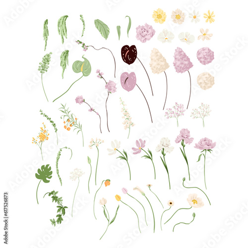 Pastel Pink, Yellow, Green Flowers Vector Illustration Set