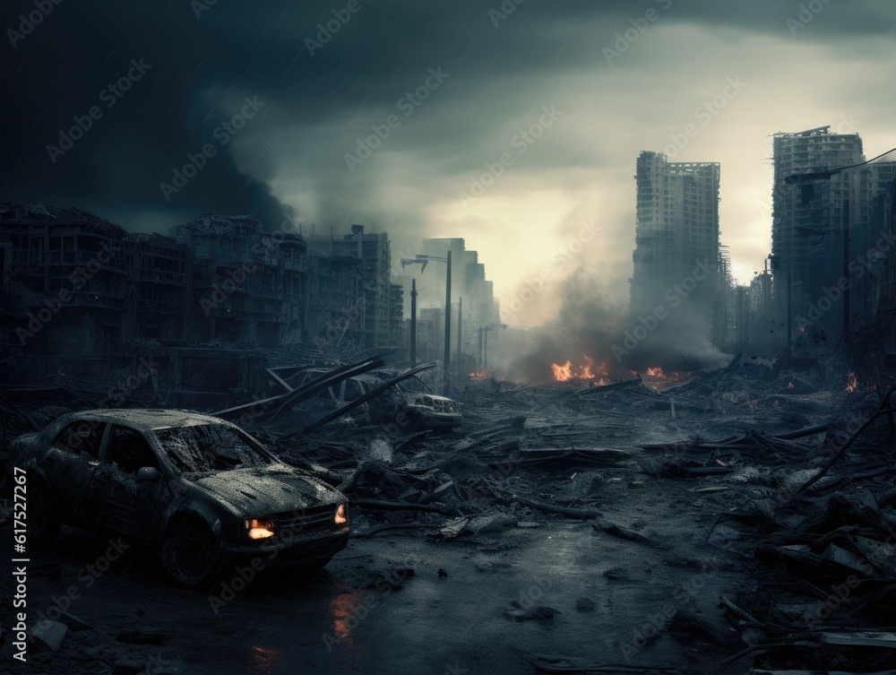 The ruins of a city devastated by war. Flames and destroyed buildings and cars.