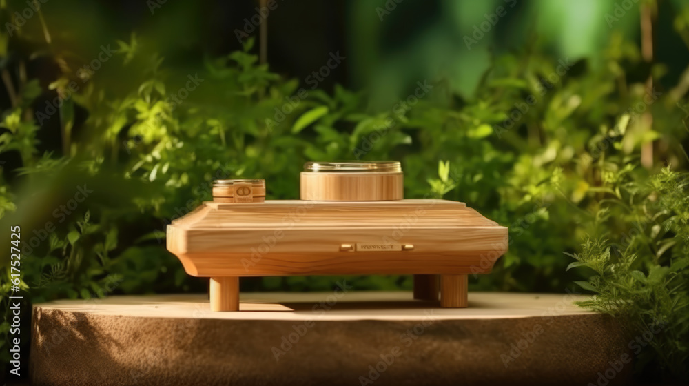 Fototapeta premium Wooden product display podium for cosmetic product with green nature garden background