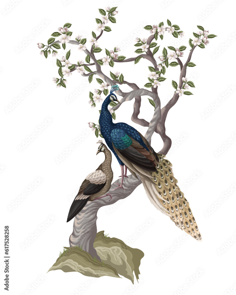 Fototapeta premium Chinoiserie mural with peacocks and flowers trees. Vector.