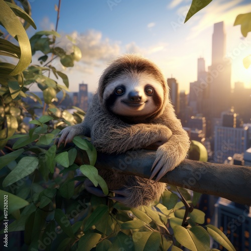 A sloth is sitting on a tree branch created with Generative AI technology