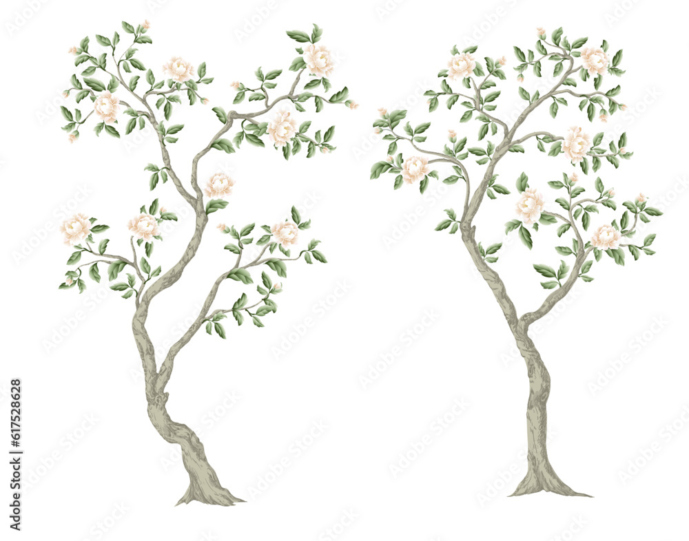 Chinoiserie trees with white peonies isolated. Vector.