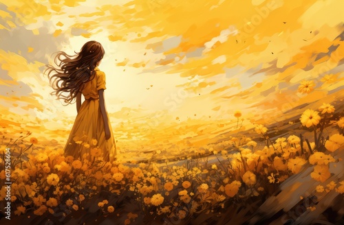 Beautiful girl in yellow dress on a field with lots of ripe yellow flowers.
