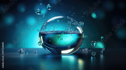 Cosmetic moisturizer water molecule, Cosmetic Essence, Liquid bubble, Molecule inside Liquid Bubble on water background.
