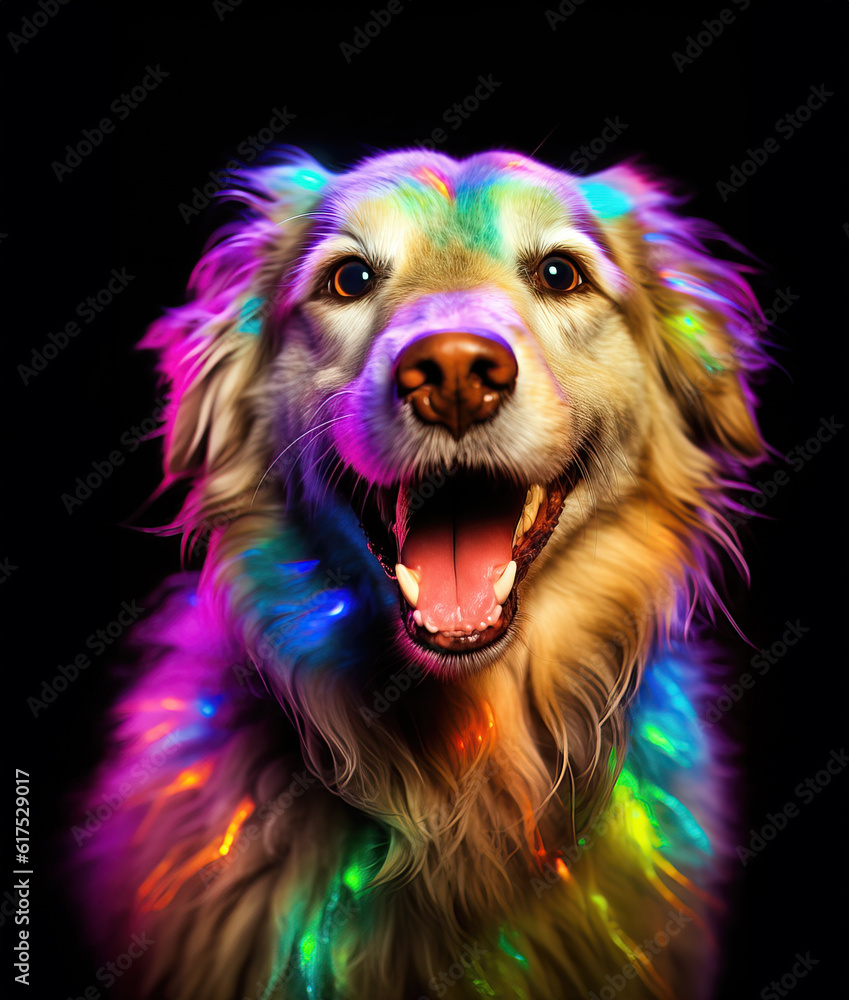 Cute astro dog in neon rainbow color lights over black background.