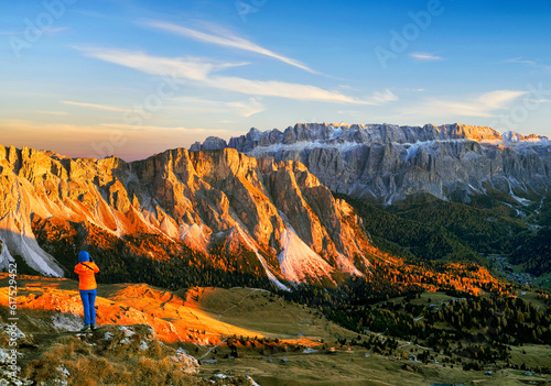 Autumn landscape of Gruppo di Sella, from Seceda Mountain, South Tirol, Dolomites mountains, Italy, Europe