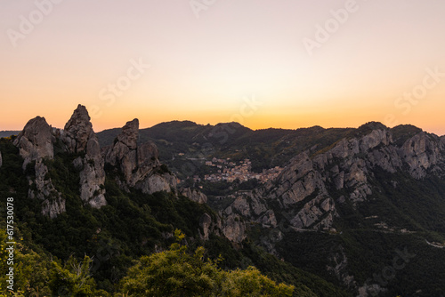 View of Pietrapertosa and Castelmezzano. Two beautiful villages built on the Lucanian Dolomites in Italy. Connected by a zipline that crosses the valley adrenaline-pumping experience. Day and sunset. © Mattia