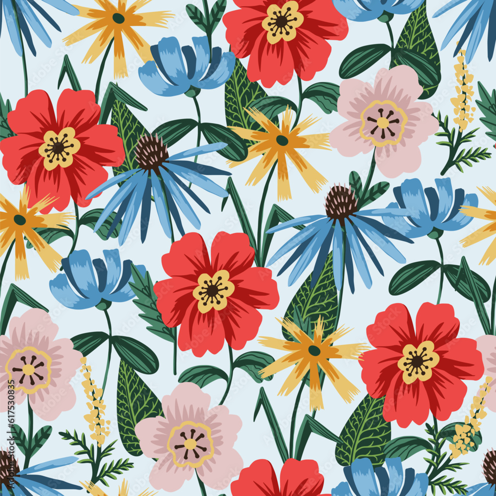 Seamless pattern with simple wild flowers. Vector.