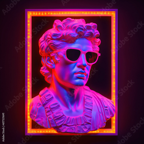 Gypsum statue of David's head in sunglasses in neon frame. Сoncept art.