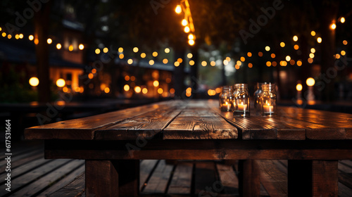 Wooden bar stand  table. Holiday lights on the background