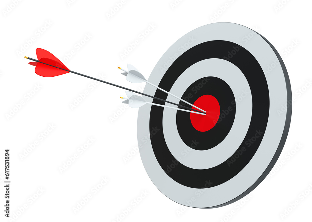 Target hit in center by arrows. Isolated on white, 3D Rendering Target hit in center by arrows. Isolated on white, 3D Rendering