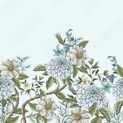 Seamless pattern with dahlia and magnolia flowers. Vector
