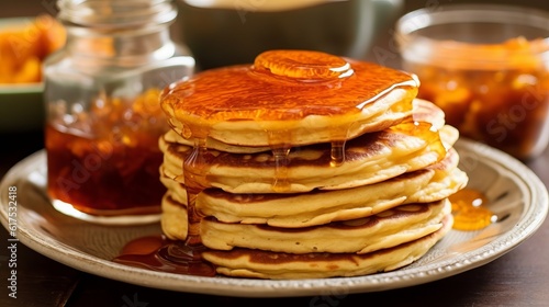  pancakes with honey. Lots of fritters on the plate. Hot pastries for breakfast. Against the background of the kitchen. flour high-calorie product, Shrovetide. Generative AI