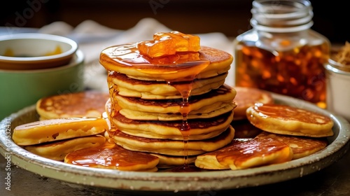 
pancakes with honey. Lots of fritters on the plate. Hot pastries for breakfast. Against the background of the kitchen. flour high-calorie product, Shrovetide. Generative AI