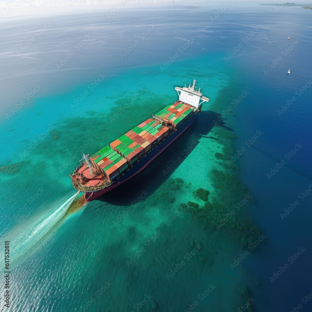 A container ship on a turquoise and very clear water. View from above.