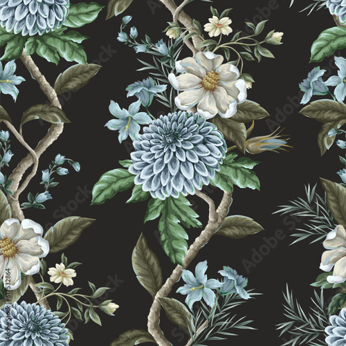 Seamless pattern with dahlia and magnolia flowers. Vector.