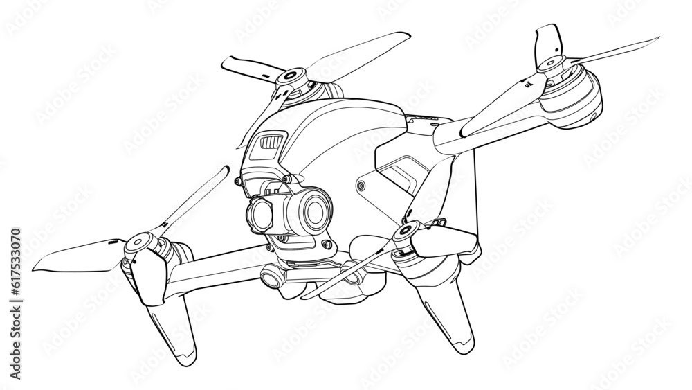 Drone FPV Line Stroke. Drone Vector. White Background. R23001 Drone FPV Line Stroke. Drone Vector. White Background. R23001