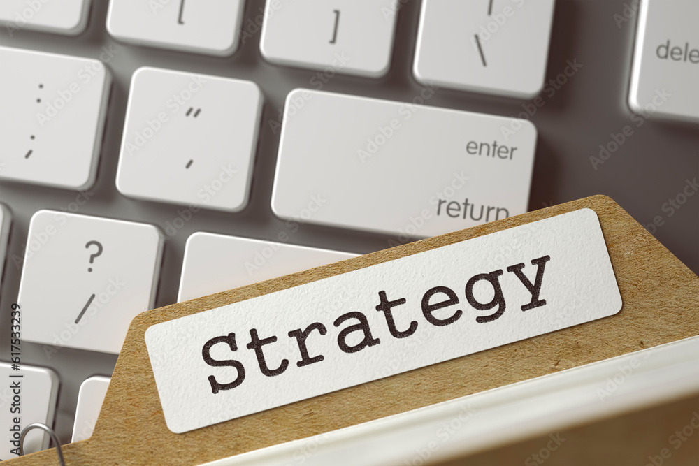 Strategy written on File Card Lays on Computer Keyboard. Archive Concept. Closeup View. Selective Focus. Toned Image. 3D Rendering. Strategy written on File Card Lays on Computer Keyboard. Archive Concept. Closeup View. Selective Focus. Toned Image. 3D Rendering.