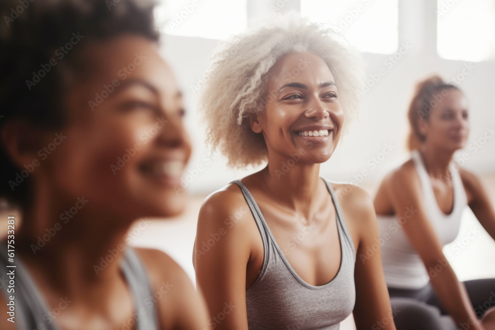 Group of mixed race smiling women practicing yoga in the gym close up Group of mixed race smiling women practicing yoga in the gym close up