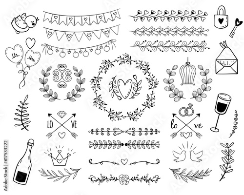 Hand Drawn Wedding Graphics Set Vector Cutting Files Marriage Love Engagement Party Hearts Doodle Ribbons Borders Wreath Floral Flower Drawing Collection Transparent Isolated Illustrator PNG JPG SVG