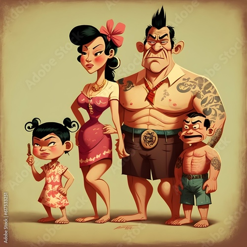 an asian familly with two sons in the style of The Flinstones  photo
