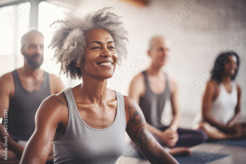 Group of mixed race smiling people practicing yoga in the gym, close up