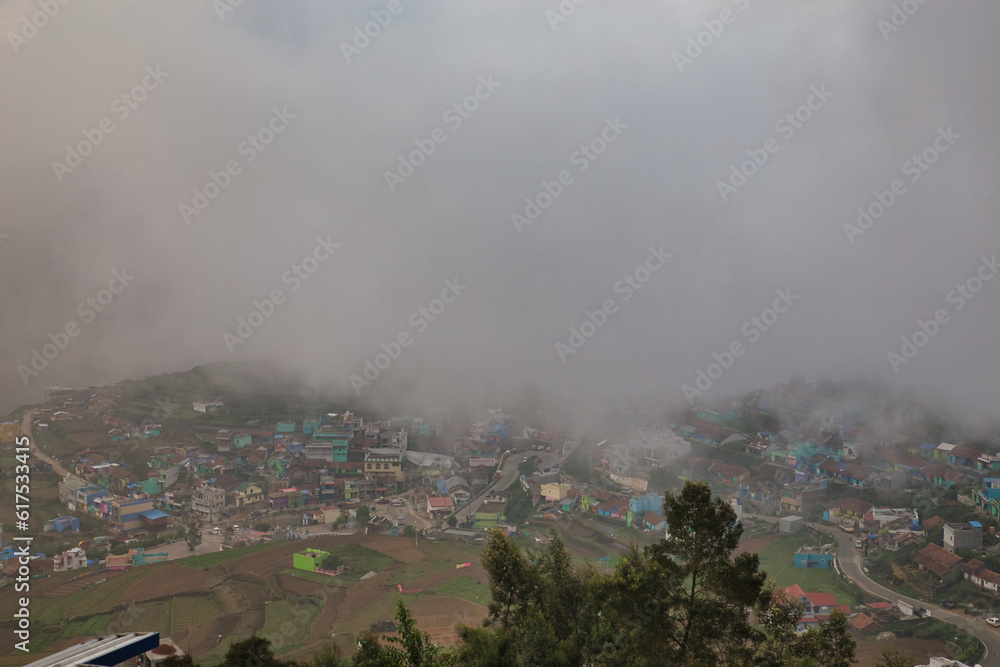 Beautiful rural village Poombarai View Over The Misty Clouds. Poombarai is a scenic village in the Palani hills of Kodaikanal, Tamil Nadu.