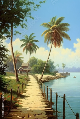 Realistic tropical island beach sands trees at noon. AI generative © SANGHYUN