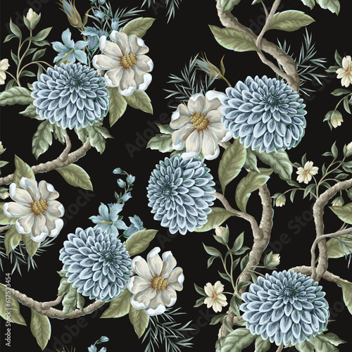 Seamless pattern with dahlia and magnolia flowers. Vector. photo