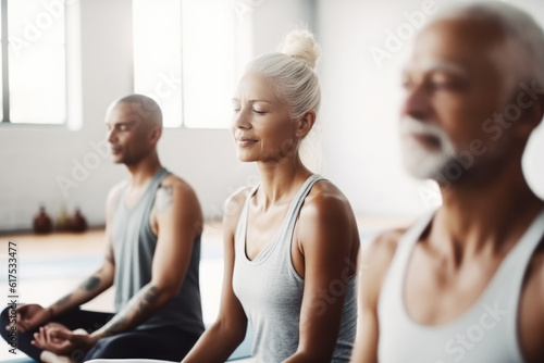 Group of mixed race smiling people practicing yoga in the gym, close up © Jasmina