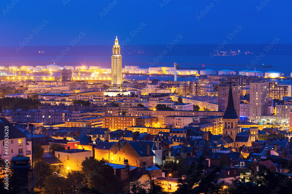 Panorama of Le Havre at night. Le Havre, Normandy, France.