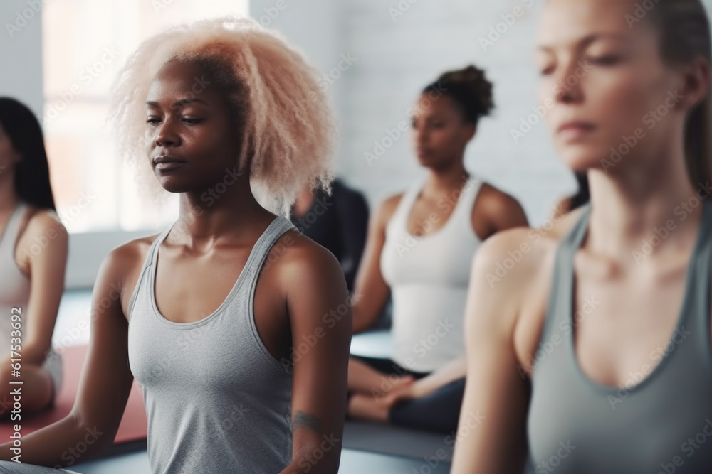 Group of mixed race people practicing yoga in the gym, close up