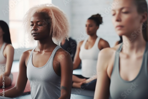 Group of mixed race people practicing yoga in the gym, close up