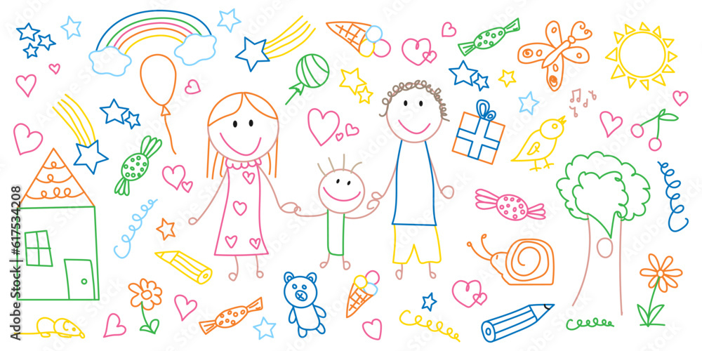 Funny colorful doodle family set. Mom, dad, kid, toys. Hand drawn line childish background. Happy childhood concept Funny colorful doodle family set. Mom, dad, kid, toys. Hand drawn line childish background. Happy childhood concept