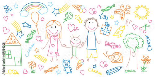 Funny colorful doodle family set. Mom, dad, kid, toys. Hand drawn line childish background. Happy childhood concept