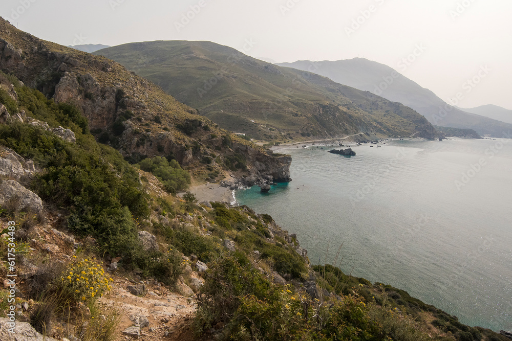 View on a coastal landscape with Phlomis cretica near Preveli Beach, southern Crete