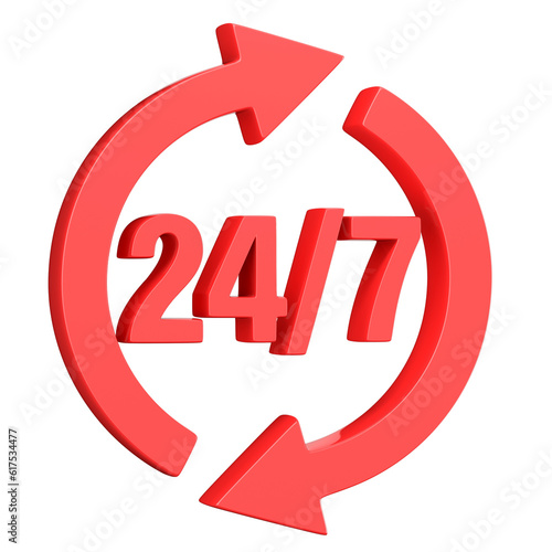 Red 24 hours 7 days a week sign. 3D render illustration isolated on white background photo