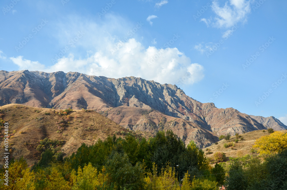 Beautiful autumn mountain landscape, views of hills and peaks of Caucasus mountains, Armenia