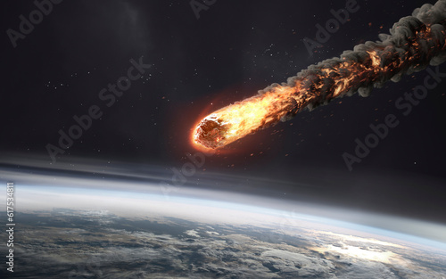 3D illustration of A minute before the collision of the meteorite and the planet Earth. 5K realistic science fiction art. Elements of image provided by Nasa